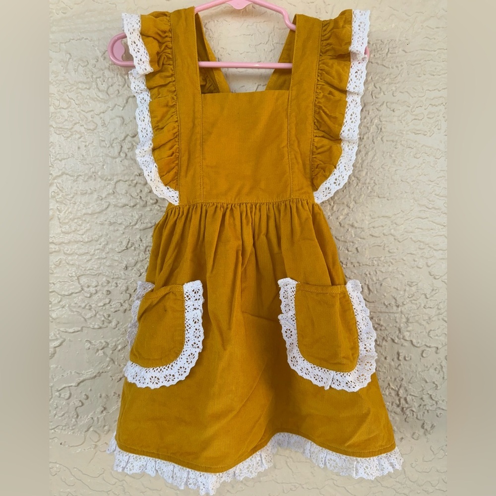 Shrimp & Grits Kids Corduroy Dress 3T Mustard Ruffle Lace Pinafore Boutique